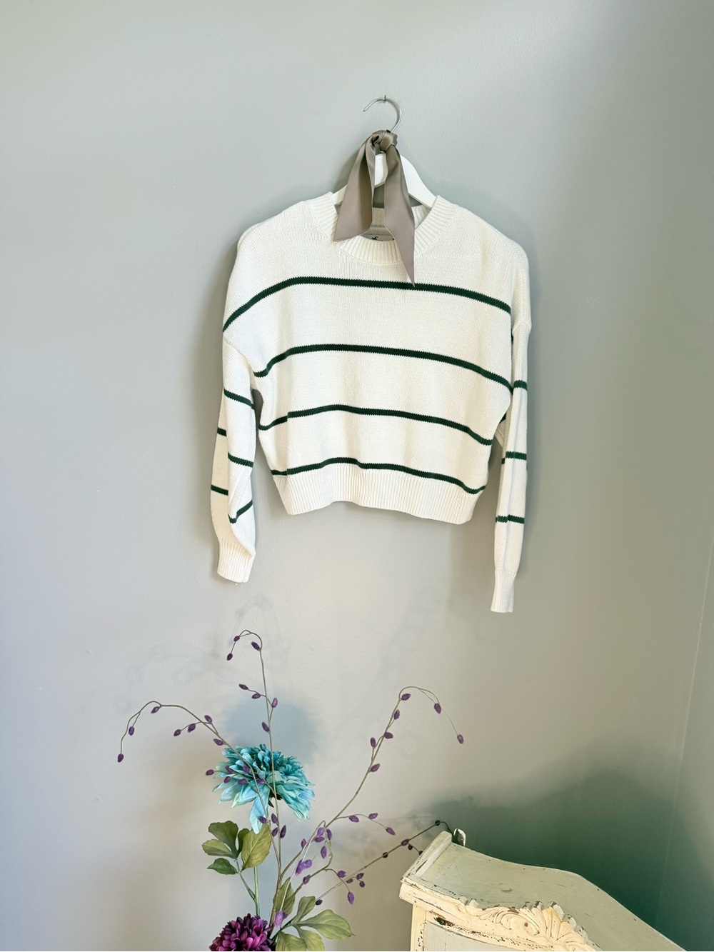 Hollister Cream Cropped Sweater with Green Stripes